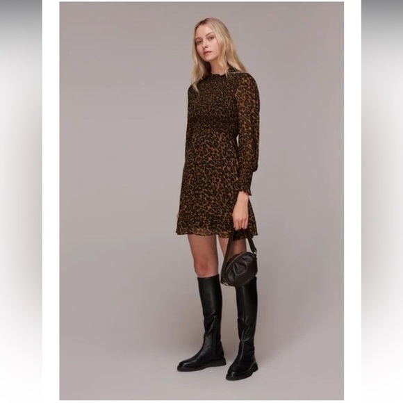 NWOT Whistles Women's Brown Classic Leopard Shirred Dress - Picture 1 of 13